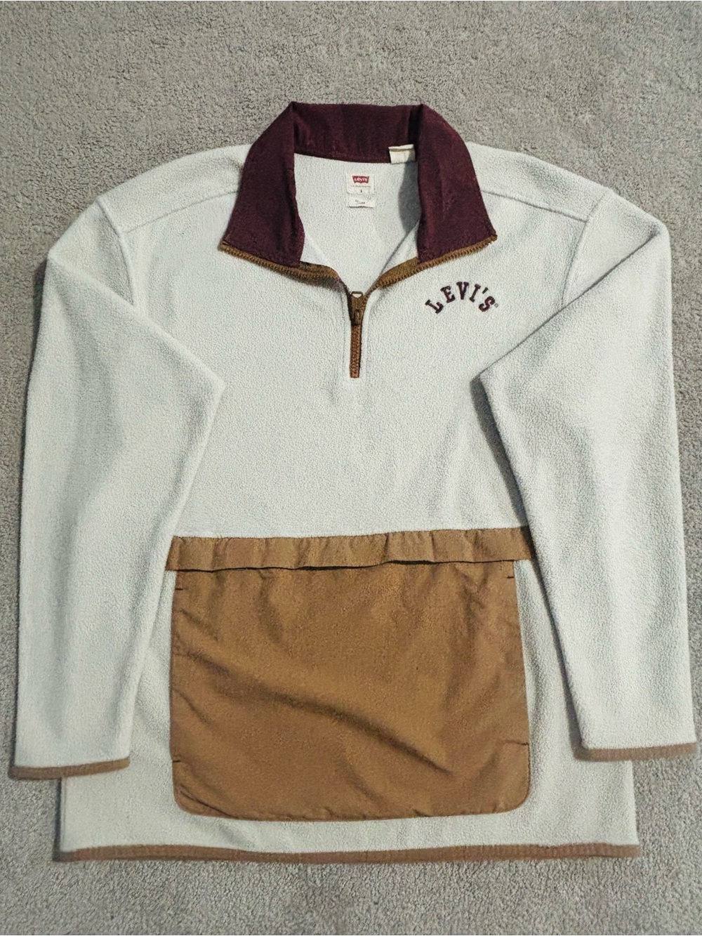 Levi's Men's Cream Quarter-Zip Fleece Pullover with Tan Pocket